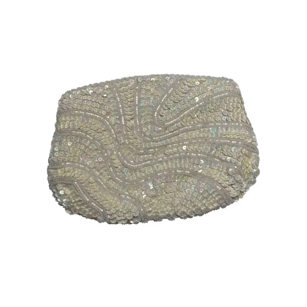 Vintage Ivory Beaded Sequin Clutch Bridal Purse 80s Formal Small Handbag Wedding
